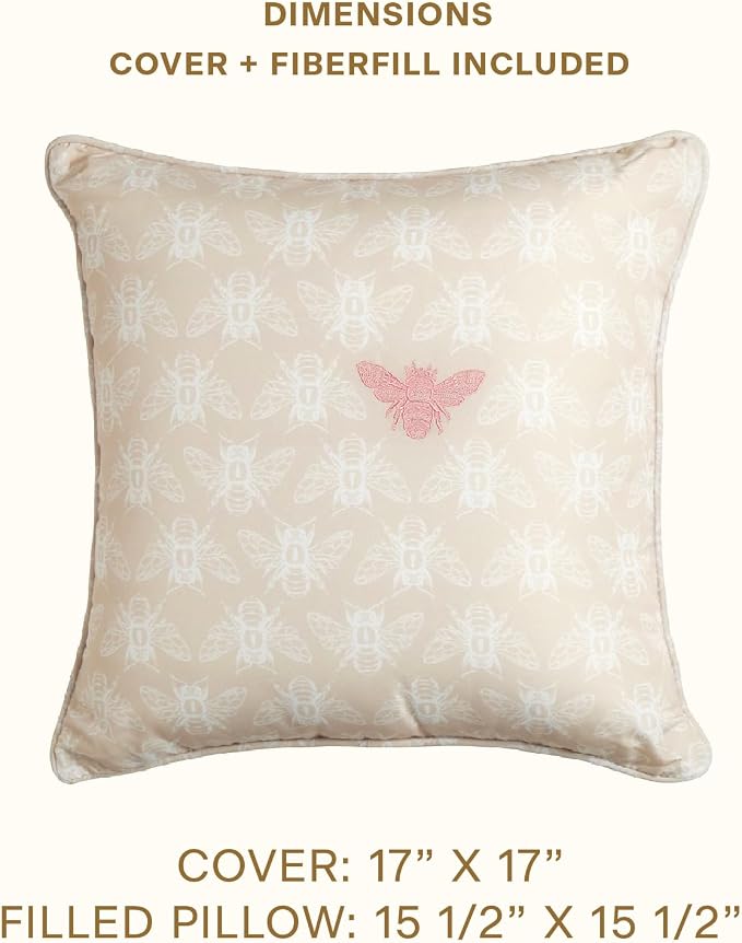 Honeycomb Indoor/Outdoor Square Toss Pillow for Patio Furniture, 17 x 17 | Chamomile Beige Embroidered Bumble Bee Throw Pillow, Water & Fade Resistant for Patio Furniture Set