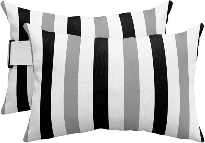 Outdoor Pillows Waterproof Covers Set of 2, Black Gray Stripes Adjustable Elastic Chaise Lounge Headrest Pillow Covers, Contrast Striped Decorative Lumbar Pillow for Pool Patio Furniture 20x12 Inch