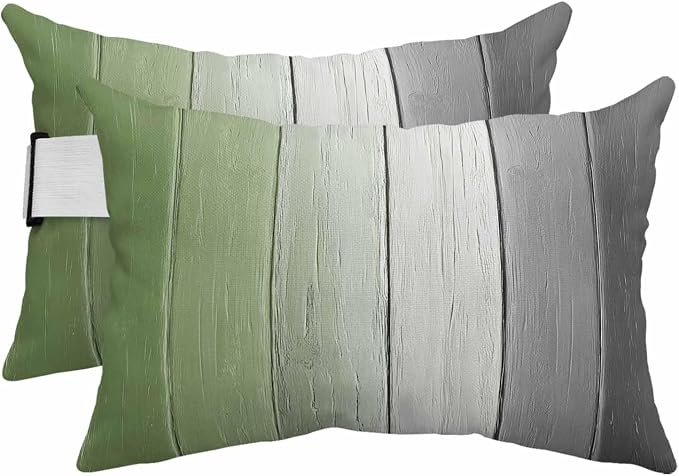 Sage Green Gray Ombre Outdoor Pillows for Chaise Lounge Chair Beach Headrest Pillow Set of 2 Waterproof Lumbar Pillows with InsertVintage Country Wooden Recliner Neck Pillow for Patio Pool 11"x16"