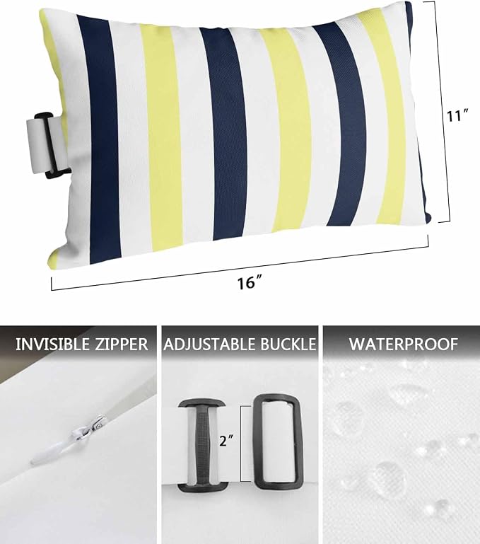 Pack of 4 Outdoor Lumbar Pillow Covers 11x16 Inch, Yellow Navy Blue Striped Waterproof Throw Pillow Covers Set, Farmhouse Stripe Art Indoor&Outdoor Decorative Cushion Cases for Patio Porch Beach