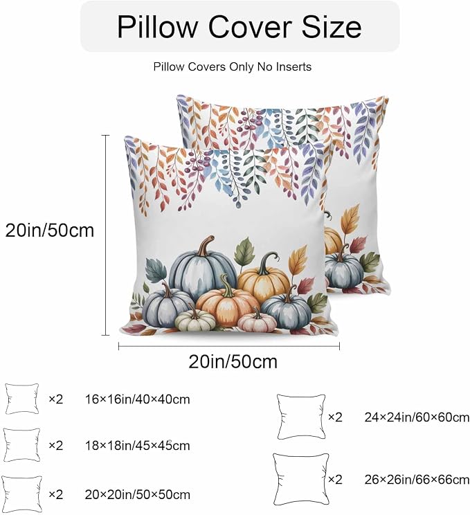 Orange Fall Pumpkins Outdoor Waterproof Pillow Covers, Eucalyptus Leaves Country Farmhouse Decorative Square Throw Pillowcase Sofa Cushion Sham for Patio/Couch/Chair, 26"x26" 2 Pack