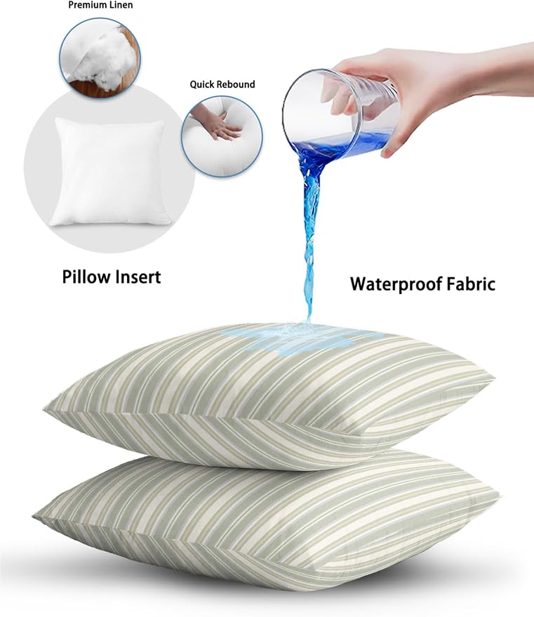 Waterproof Outdoor Pillow 1 Pack Sage Green Stripes Decorative Throw Pillows Cover & Insert 16x16 Inch Pillowcase White Lines Lines Square Pillows for Couch Sofa Bed Patio Furniture Indoor Outdoor