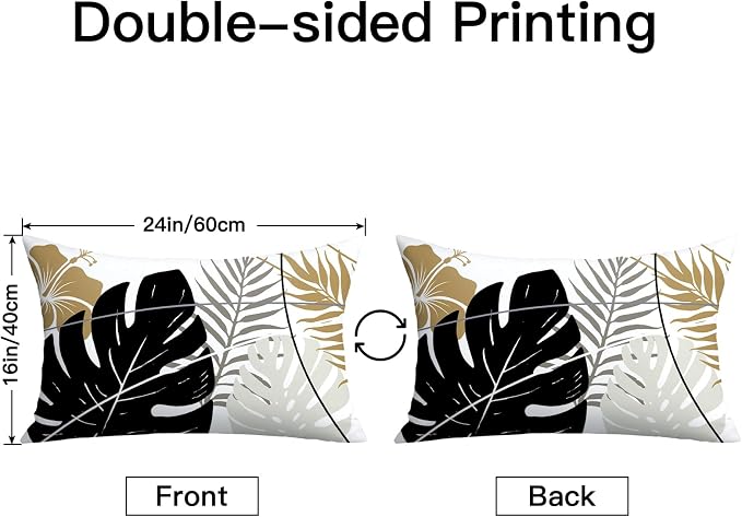 OTOSTAR Outdoor Waterproof Throw Pillow Covers 16x24 Inch Set of 2 Double-Sided Black Brown Grey Tropical Leaf and Flower Spring Summer Decorative Pillow Cases for Patio Funiture Garden Balcony Couch