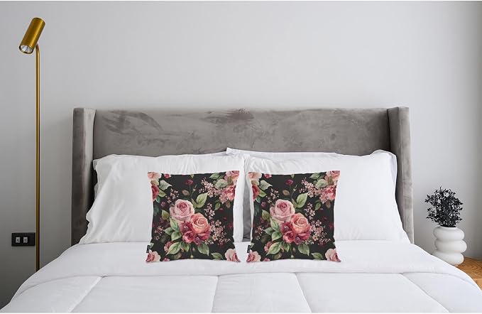 Swono Rose Throws Pillows Covers for Couch, Retro Blossom Rose Flowers Decorative Pillow Cases for Men Women, Comfortable Pillow Cushion Cover Pack of 2 18"X18" for Home Sofa Bed, Black Red