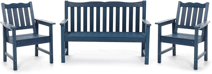 Stoog Outdoor Bench & Chairs Set, All-Weather Patio Furniture Set, Include 2 Patio Chairs and 1 Patio Bench, for Porch, Backyard, Lawn, and Garden, Blue