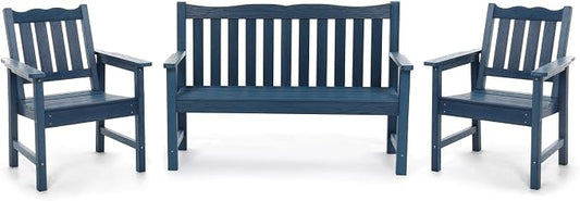 Stoog Outdoor Bench & Chairs Set, All-Weather Patio Furniture Set, Include 2 Patio Chairs and 1 Patio Bench, for Porch, Backyard, Lawn, and Garden, Blue