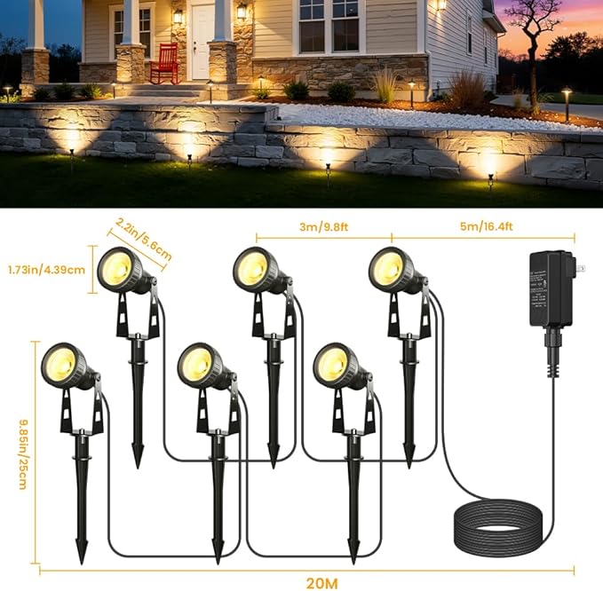 FOOMAN 6-Pack Spot Lights Outdoor, Low Voltage Landscape Lighting | LED Pathway Lights with Transformer, IP68 Waterproof Warm White Spotlight for Yard Garden Flags House Lawn Tree