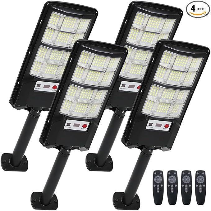 Cenfmlt Solar Street Lights Outdoor 4 Pack, Dusk to Dawn LED Flood Light with Motion Sensor, IP67 Waterproof 6500K Security Lamps & Remote Control for Driveway, Garage, Barn