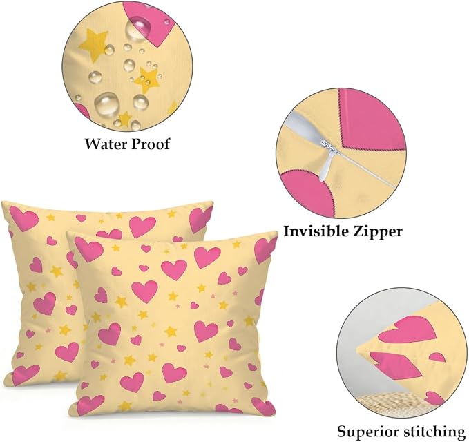 16x16 Inch Outdoor Pillow Covers Set of 2 Waterproof Throw Pillow Covers Decorative Couch Cushion Covers Pink Hearts Yellow Stars Square Pillowcases Protectors for Patio Garden Sofa