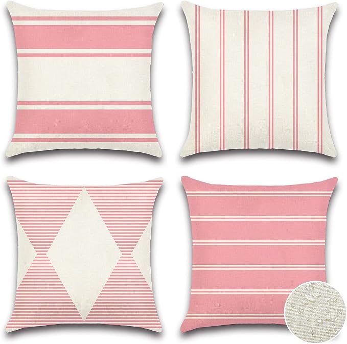OTOSTAR Outdoor Waterproof Decorative Throw Pillow Covers 20x20 Inch Geometry Pillow Cases Square Cushion Case Garden Pillow Covers Pillows Shell for Patio Furniture Couch Tent Balcony Set of 4 (Pink)