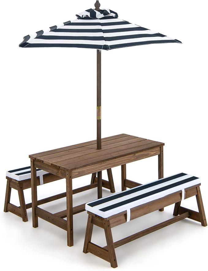 KOTEK Kids Picnic Table with Umbrella Foldable, Backyard Wooden Table & Bench Set w/Removable Cushions, Activity Art Play Table, Indoor Outdoor Toddler Picnic Table for Patio, Lawn & Garden (Blue)