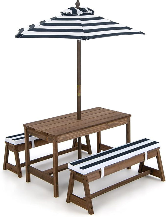 KOTEK Kids Picnic Table with Umbrella Foldable, Backyard Wooden Table & Bench Set w/Removable Cushions, Activity Art Play Table, Indoor Outdoor Toddler Picnic Table for Patio, Lawn & Garden (Blue)