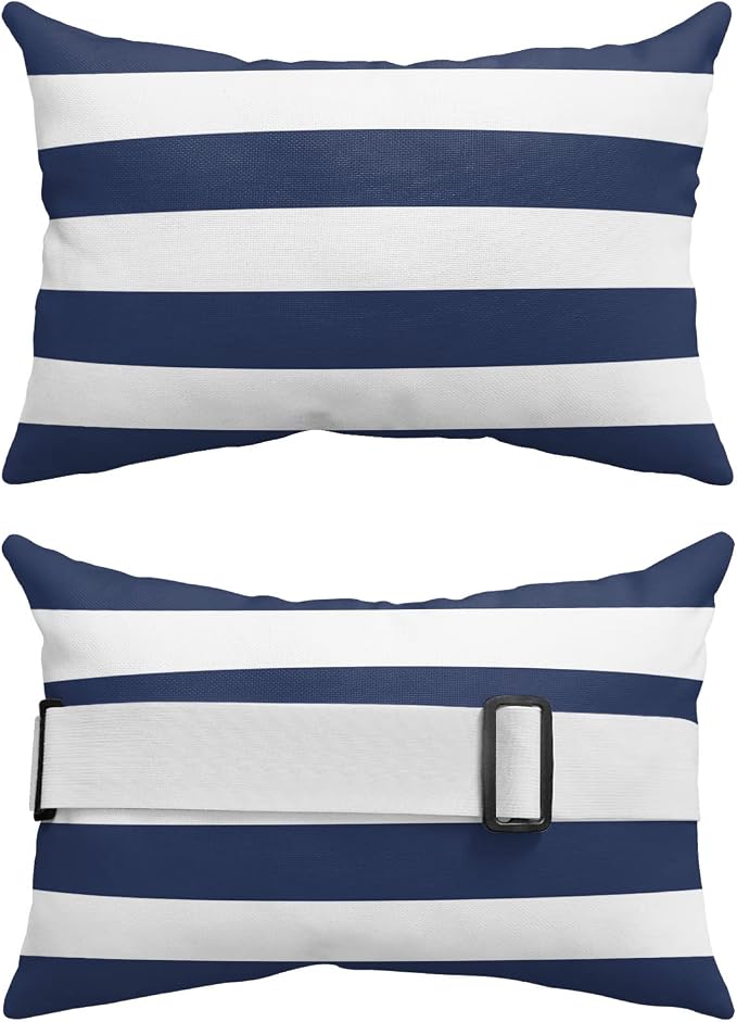Navy and White Striped Outdoor Pillows with Insert Waterproof Classic Navy Blue White Patio Pillows with Adjustable Strap Decorative Head Recliner Lounger Chair Throw for Patio Furnitures, 2 Pack