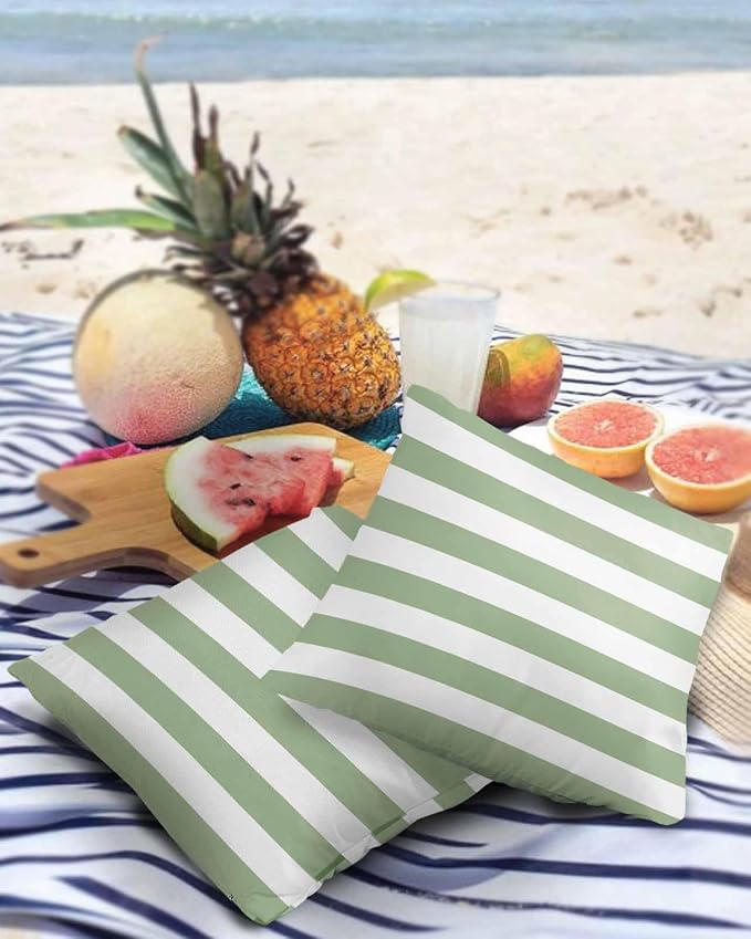 Outdoor Pillows 24x24 Waterproof Outdoor Pillow Covers Spring Stripes Green Polyester Throw Pillow Covers Garden Cushion Decorative Case for Patio Couch Decoration Set of 2 Sage Green