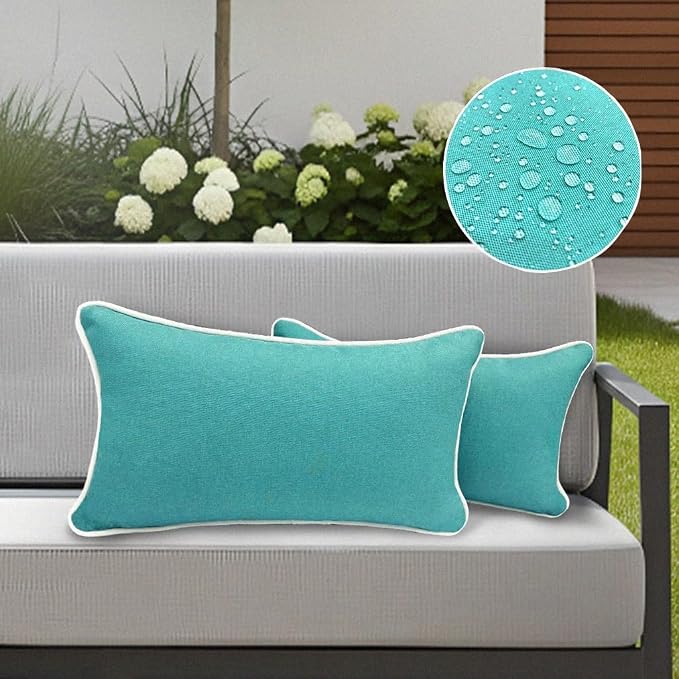 HER HWA Outdoor Lumbar Pillow Covers White Piping 20x12 Set of 2 Turquoise | durable fade-resistant water-resistant 100% polyester white piping smooth zipper machine washable for indoor outdoor décor