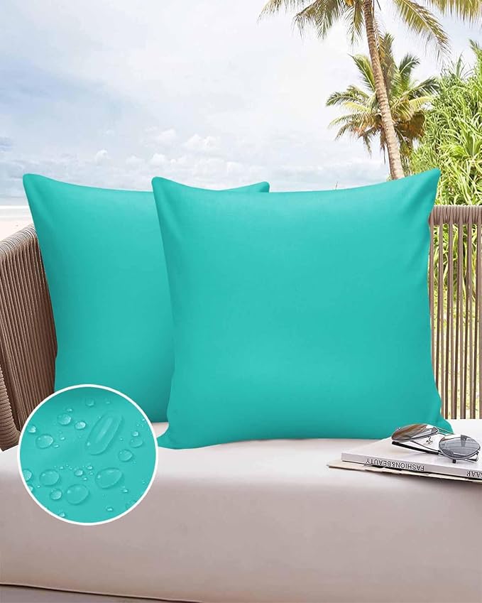 Outdoor Waterproof Throw Pillow Covers Set of 2 Aqua Green Pillowcases 20x20 Inches Simple Style Patio Decorative Pillows Cushion Case Patio Pillows for Couch Bed Chair Garden