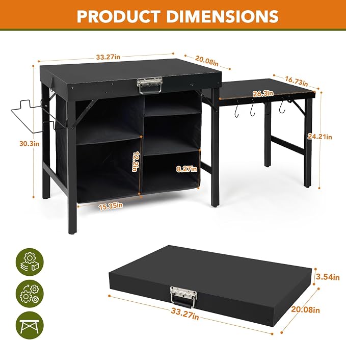 Grill Table Compatible with Blackstone Griddles, Portable Foldable Griddle Stand with Storage Shelf, Heavy Duty Camping Kitchen Table for Outdoor Cooking, BBQ, Camping and Patio, Black