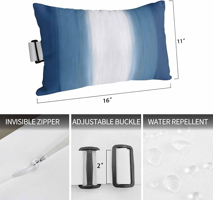 Outdoor Lumbar Pillow Set of 1, Navy Blue Striped Waterproof Beach Headrest Pillow with Inserts, Blue White Ombre Farmhouse Gradient Recliner Throw Pillows for Patio Furniture, 11 x 16