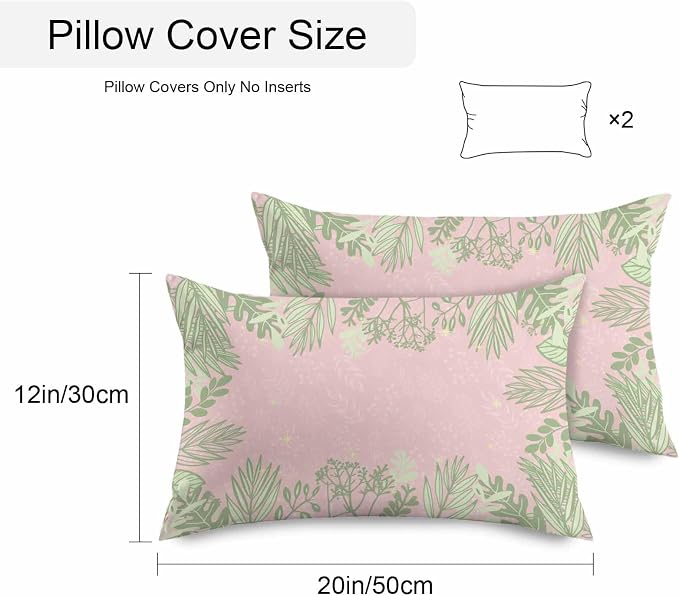 Vandarllin Outdoor Throw Pillows Covers 20x12 inch Set of 2 Waterproof Sage Green Leaves Decorative Zippered Cushion Covers for Patio Furniture, Spring Floral Plants Pink Lumbar Pillowcases