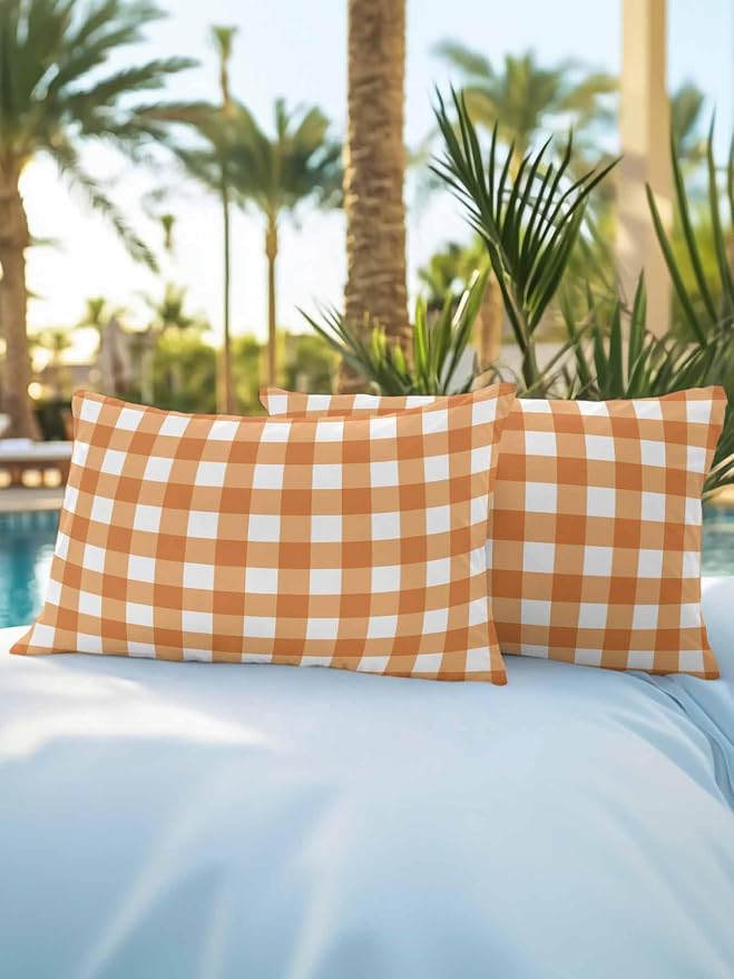 Waterproof Outdoor Pillow Set of 2 Orange Buffalo Plaid Decorative Throw Pillows Cover & Insert 20x12 Inch Lumbar Pillowcase Check Lines Pillows for Couch Sofa Bed Patio Furniture Indoor Outdoor
