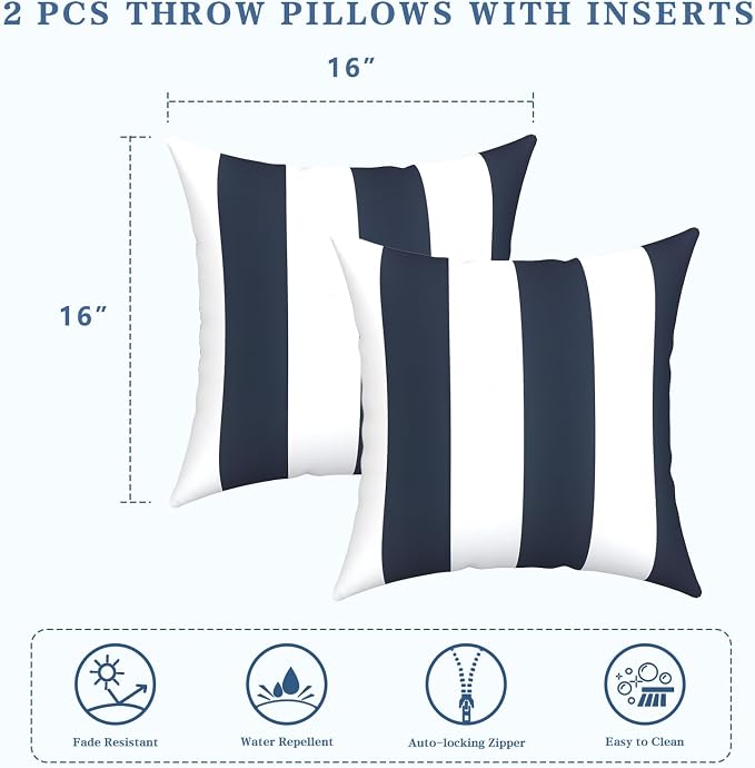 LVTXIII Outdoor Throw Pillows, Decorative Throw Pillows with Inserts, 16"x16" Square Pillows for Bed, Couch, Sofa and Patio Furniture, Set of 2, Cabana Navy