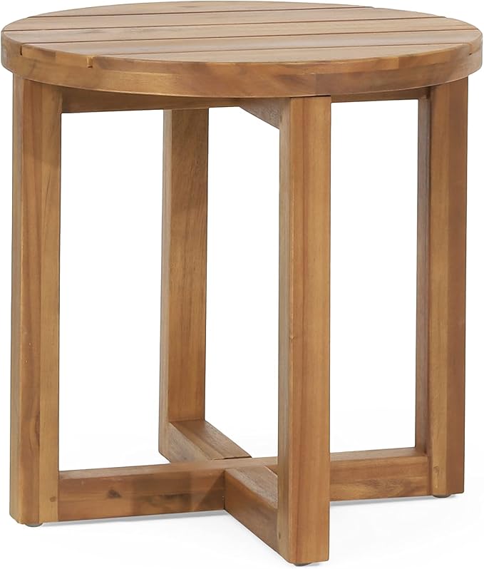 Merax Acacia Outdoor Wood Round Accent Side Table, Cross Base Design with Slat Detailing, Weather-Resistant, Teak