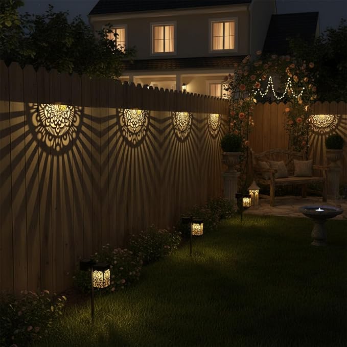 6 Pack Solar Fence Lights Outdoor Wall Lights Gold Plastic Solar Powered Deck Step Stair Lights Mandala Theme Waterproof Fence Solar Light for Garden Post Patio Backyard Yard Decor