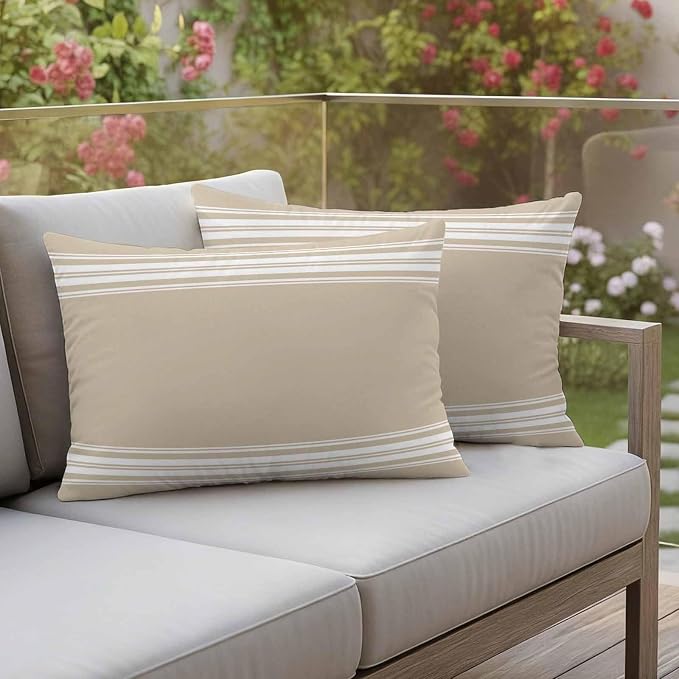 Outdoor Pillow Covers 12x20 Set of 2 Khaki Stripes Outdoor Pillows Waterproof Throw Pillow Covers French Stripe Farmhouse Style Pillowcases Decorative Case for Patio Cushion