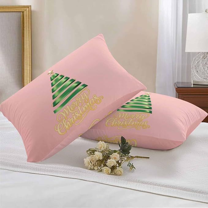 Pink Christmas Tree Lumbar Pillow Covers 12 x 20 Inches, Green Xmas Tree with Star Waterproof Throw Pillow Cover Set of 2, Christmas Pink Decorative Rectangle Cushion Covers for Patio/Couch