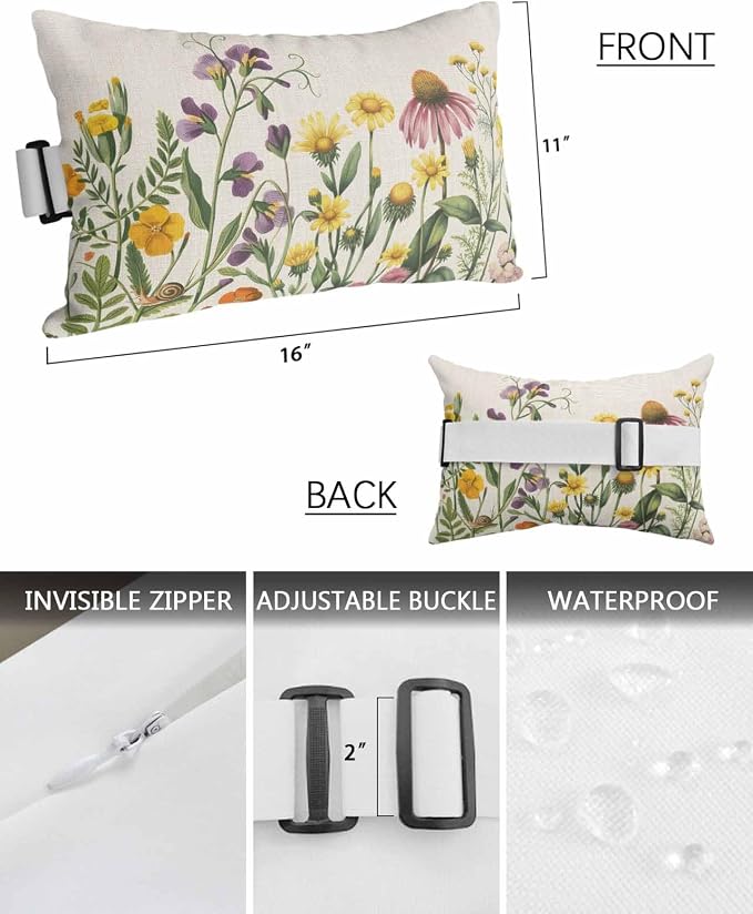 Spring Wildflowers Outdoor Pillows with Insert 11x16 Inch Summer Country Plants Leaf Flowers Linen Waterproof Headrest Pillows with Adjustable Strap Lounger Chair Throw for Patio Furnitures , 1 Pack