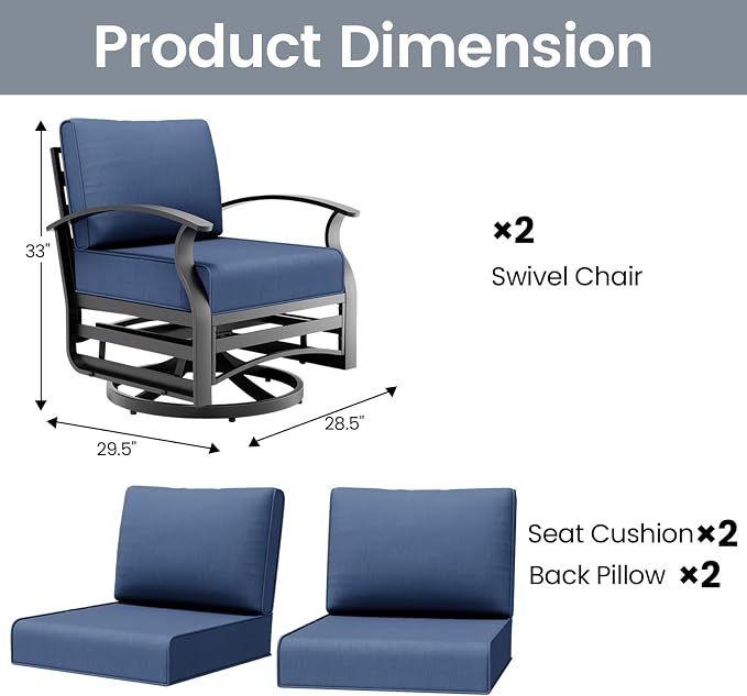 Outdoor Patio Furniture Set, 2 Piece Aluminum Patio Swivel Rocker Chairs, Aluminum Outdoor Bistro Set with Overstuffed Washable Cushions, Outdoor Furniture Set for Porch, Balcony, Deck, Navy