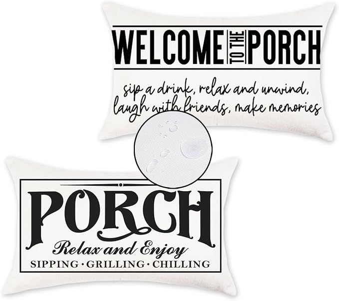 Welcome Porch Outdoor Pillow Covers 12x20 Inch Waterproof White Decorative Throw Pillows for Patio Furniture Garden Cushion Case Bench Decor
