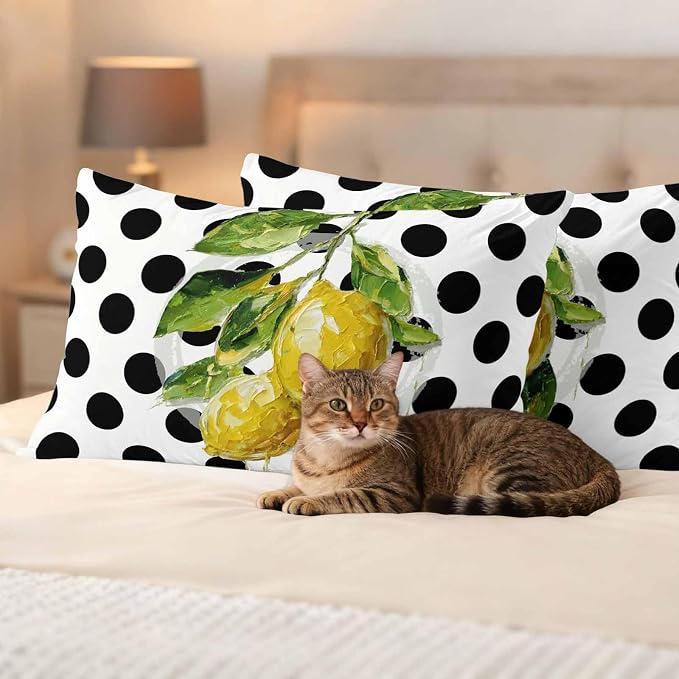 Waterproof Pillow Covers Set of 2,Summer Lemon Polka Dot Outdoor Pillow Protectors with Zipper Pillowcases for Patio Tent Garden Beach 20x12 Inches Country Fruit Oil Painting Style
