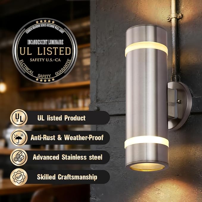 13" Stainless Steel Modern Outdoor Wall Sconce Cylinder Porch Light | E26 Base,UL listed,Brushed Nickel Up and Down Lights Outdoor Exterior Lighting Fixture for House Garage Patio Porch Garden