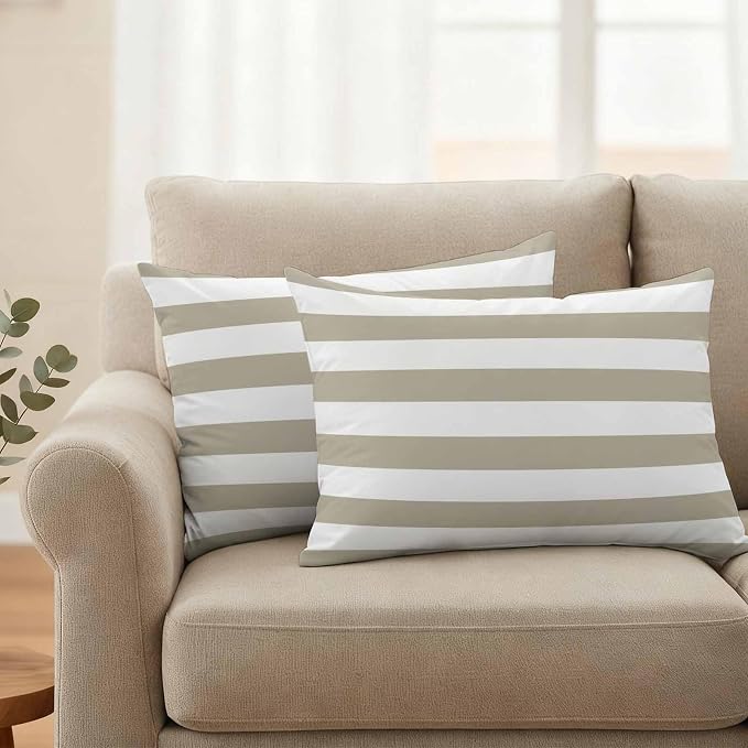 JasmineM Outdoor Pillow Cover 12x20 Inches Set of 2 Tan and White Stripe Waterproof Throw Pillow Covers Taupe Tan Brown Stripes Decorative Pillowcases Garden Cushion Case for Patio Couch Sofa