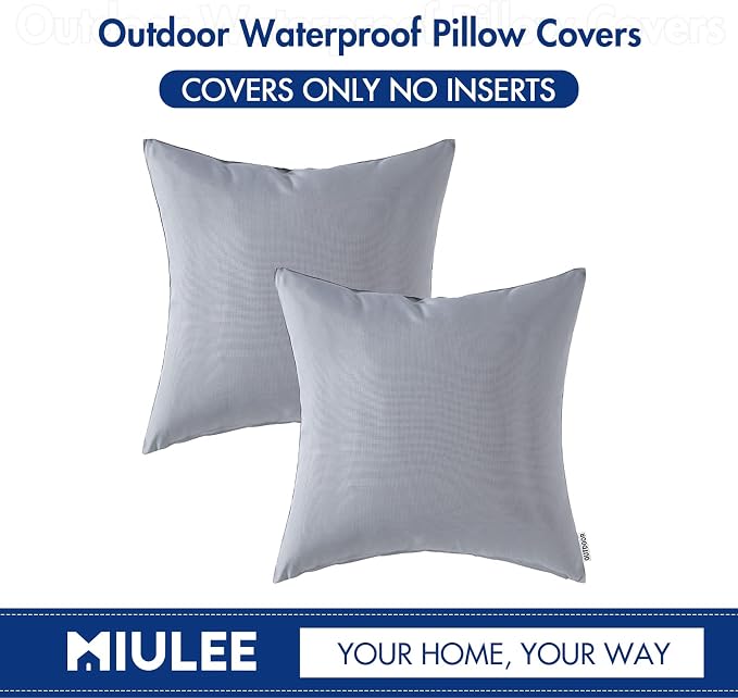 MIULEE Decorative Outdoor Waterproof Pillow Covers 16x16 Light Grey | Decorative Patio Furniture,Pack of 2,Accent Square Soild Throw Pillow Covers,Summer Garden Tent Couch Sofa