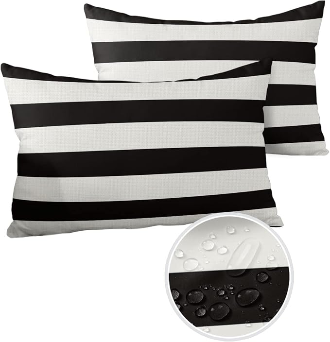 Outdoor Pillows 20x12 Waterproof Outdoor Pillow Covers, Black White Stripes Polyester Throw Pillow Covers Garden Cushion Decorative Case for Patio Couch Decoration Set of 2, Geometric