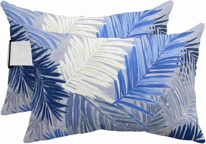 Outdoor Pillows Waterproof Covers Set of 2, Navy Blue Palm Leaves Adjustable Elastic Chaise Lounge Head Resting Pillows, Tropical Leaf Plant Lumbar Pillow for Pool Beach Patio Furniture 20x12 Inch