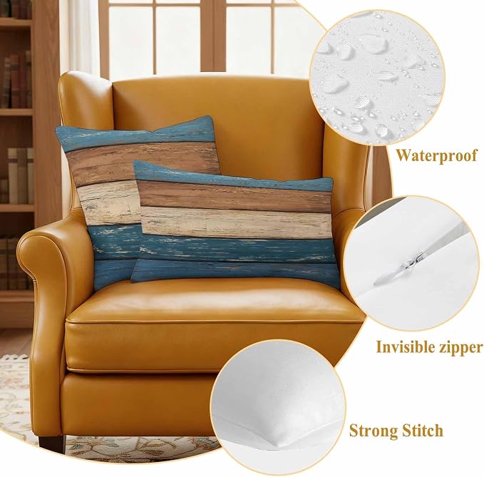 Farmhouse Navy Blue Brown Outdoor Waterproof Pillow Covers, Vintage Wooden Striped Decorative Square Throw Pillowcase Sofa Cushion Sham for Patio/Couch/Chair, 24"x24" 2 Pack