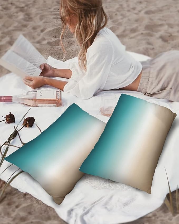 Outdoor Pillow Covers Waterproof Teal Beige Ombre Cream All Weather Cushion Case Set of 2, Modern Turquoise Abstract Art Aesthetics Lumbar Pillowcase for Sofa Couch Bed Decor Patio Furniture 20"x12"