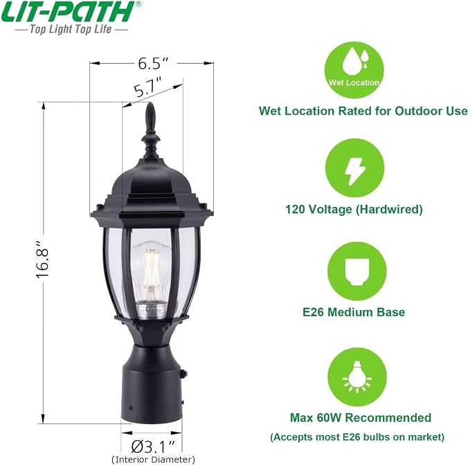Outdoor Post Light Dusk to Dawn, Rustproof Aluminum, Black | Exterior Lamp Post Light Fixture for Garden, Yard, Pathway, Waterproof, Glass, E26 Base, Max 60W