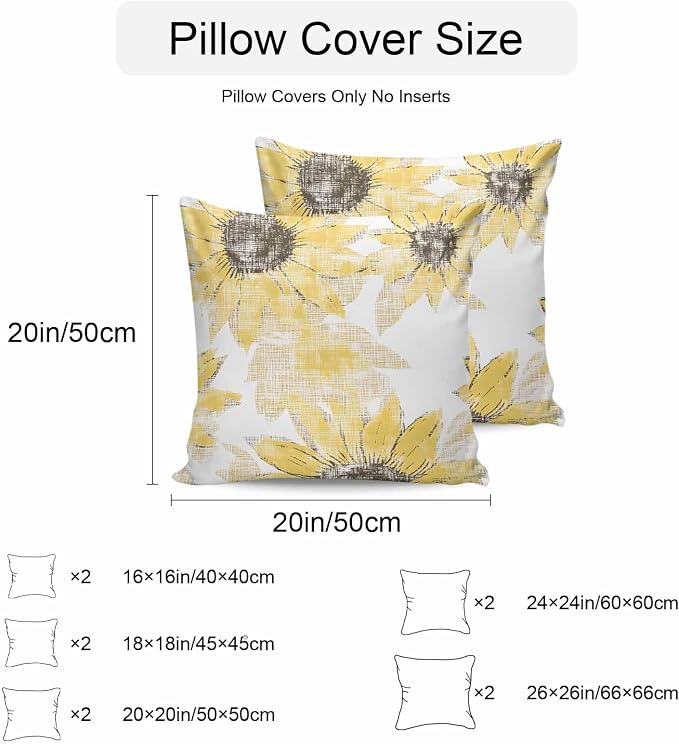 Vandarllin Outdoor Throw Pillows Covers 26x26 inch Set of 2 Waterproof Yellow Sunflower Decorative Zippered Cushion Covers for Patio Furniture, Flower Field Lumbar Pillowcases