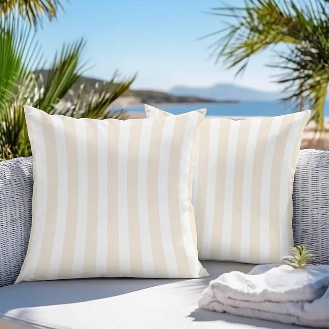 Cream Striped Outdoor Waterproof Throw Pillow Covers 18x18 Set of 2, Modern Farmhouse Cream White Stripes Decorative Pillowcases Cushion Pillowcase for Couch Sofa Patio Outside Pillow Protector