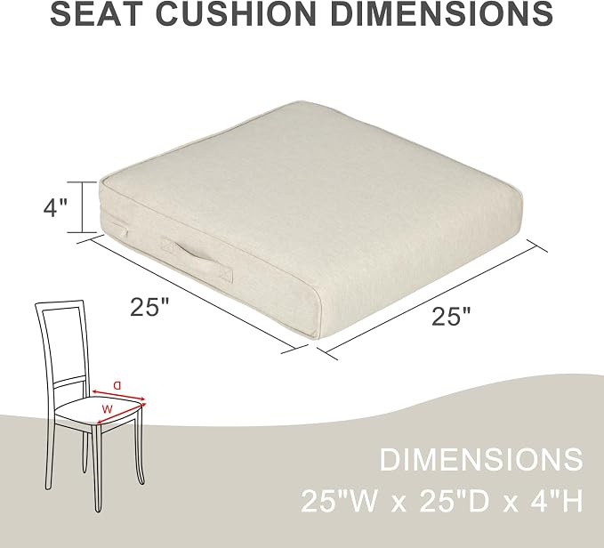 Aoodor Patio Chair Cushions Set of 4, 25 x 25 x 4 Inch Water Resistant Outdoor Seat Cushions with Handle and Ties, Square Corner Cushions for Patio Furniture Garden Lawn, Khaki