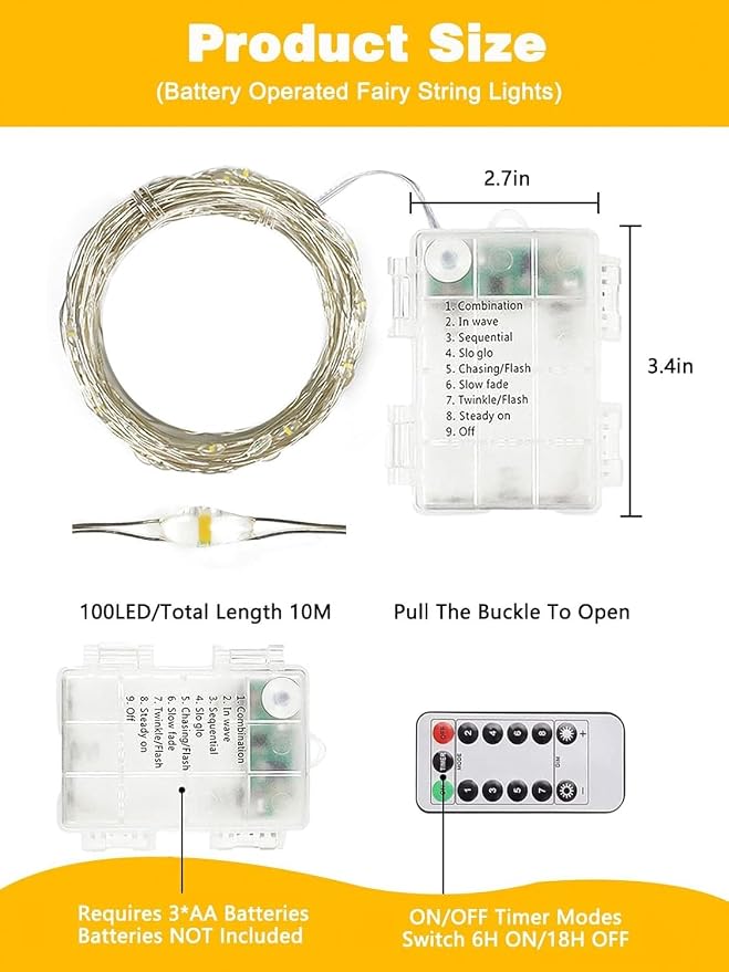 6 Pack 100 LED Fairy Lights Battery Operated with Remote, 33 FT Warm White | Cuttable, 8 Modes, Memory, Dimmable, Waterproof Battery String Lights with Timer for Indoor Outdoor, Christmas Decorations