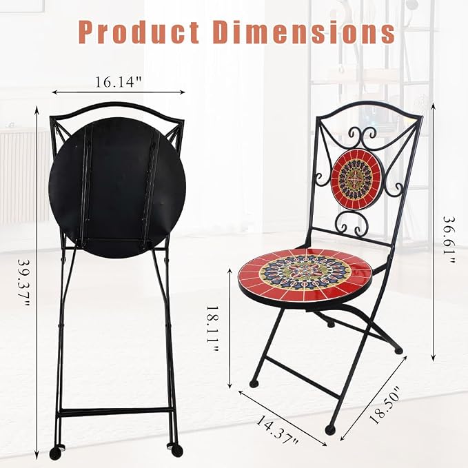 Folding Patio Chairs Set of 2 Mosaic Bistro Chair Outdoor Seating | Garden Patio Furniture Seating Heavy Duty Metal Frame Dining Chairs for Lawn Yard Balcony Porch Backyard Poolside