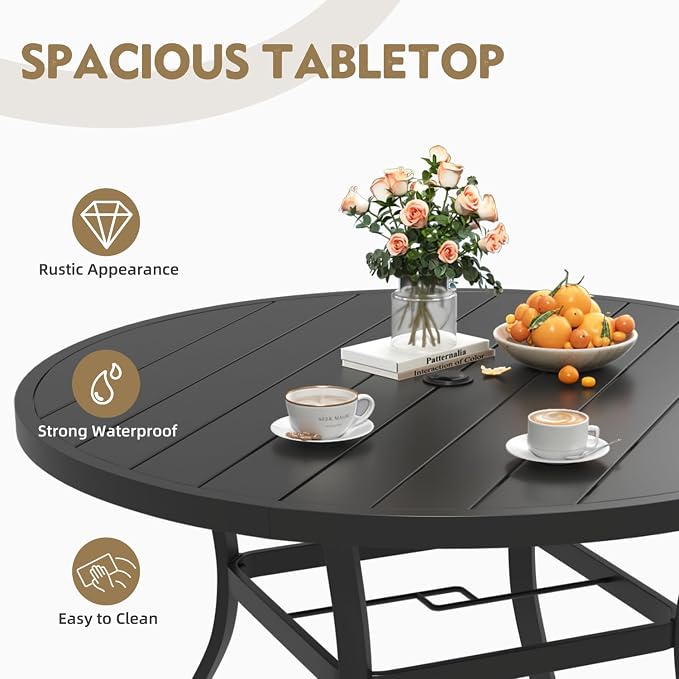 MELLCOM 47.4'' Round Outdoor Dining Table for 4-6, Metal Patio Dining Table with Umbrella Hole, All-Weather Black Table for Porch, Garden, Backyard, Poolside, Lawn
