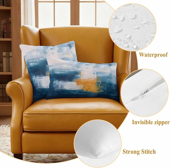 Blue Yellow Outdoor Waterproof Throw Pillow Covers Set of 2, 24"x24", Abstract Oil Painting Decorative Pillow Covers Outside Cushion Case for Patio Porch Garden