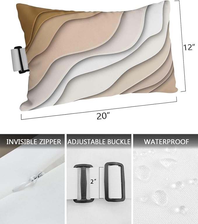 Geometric Ombre Lounge Pillows Outdoor, Aesthetic Beige Brown White Gradient Abstract Head Pillows, Modern Waterproof Patio Furniture Lumbar Pillows with Adjustable Elastic Strap for Recliner Beach