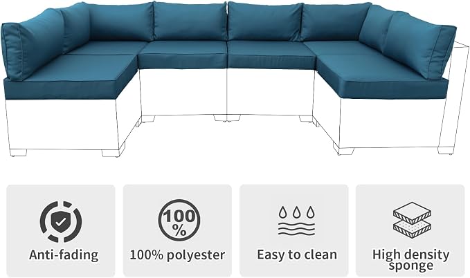 Valita Outdoor Furniture Replacement Cushions, Fits 6-seat Sectional Rattan Conversation Set, Patio Water-Resistant Replacement Sofa Cushions, Liner&Cover (Peacock Blue)